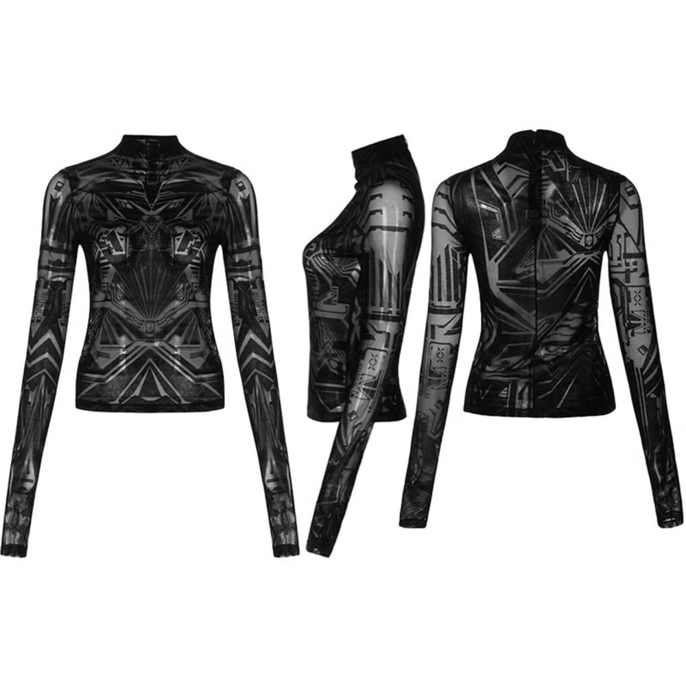 Punk Rave Cyberpunk Robot Goth Mesh Flock Top - Picture 15 of 15